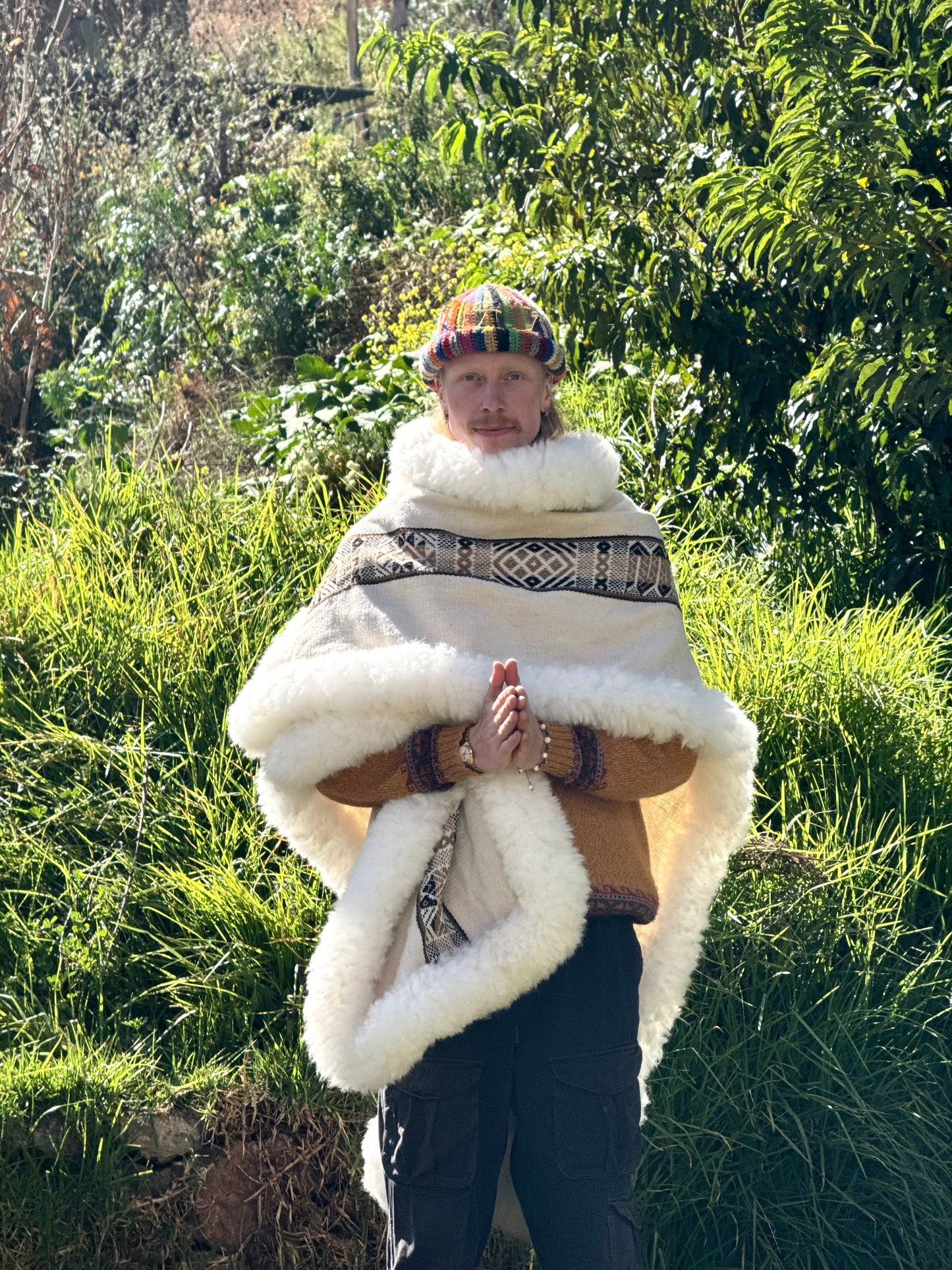 White with Brown & Black Stripe Handwoven Alpaca Cape