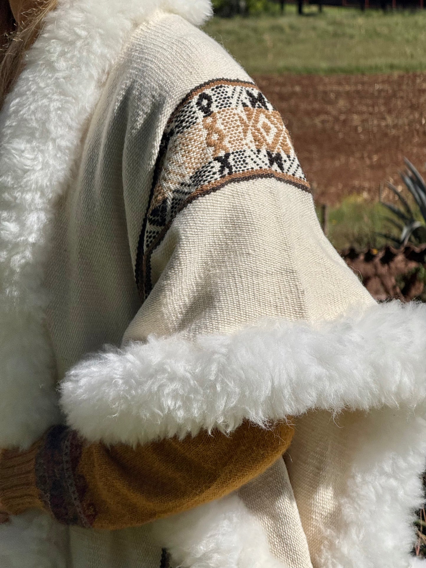 White with Brown & Black Stripe Handwoven Alpaca Cape