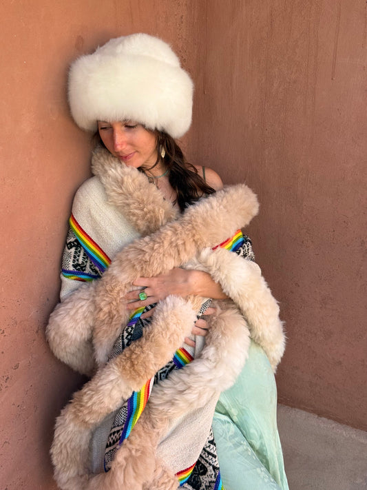 Cream & Rainbow Handwoven Alpaca Cape